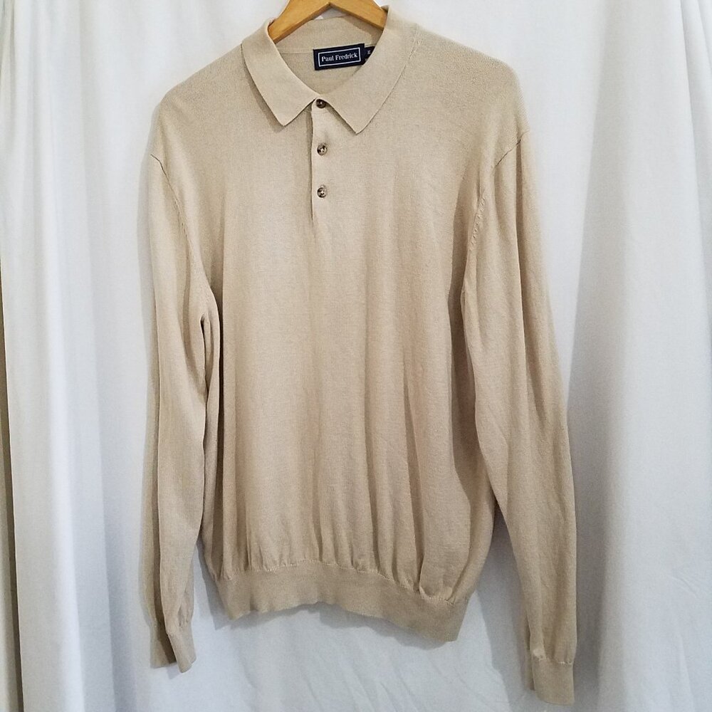 Paul Fredrick Men’s Polo Sweater –Size XL –Beige –Silk, Cashmere & Cotton Blend
